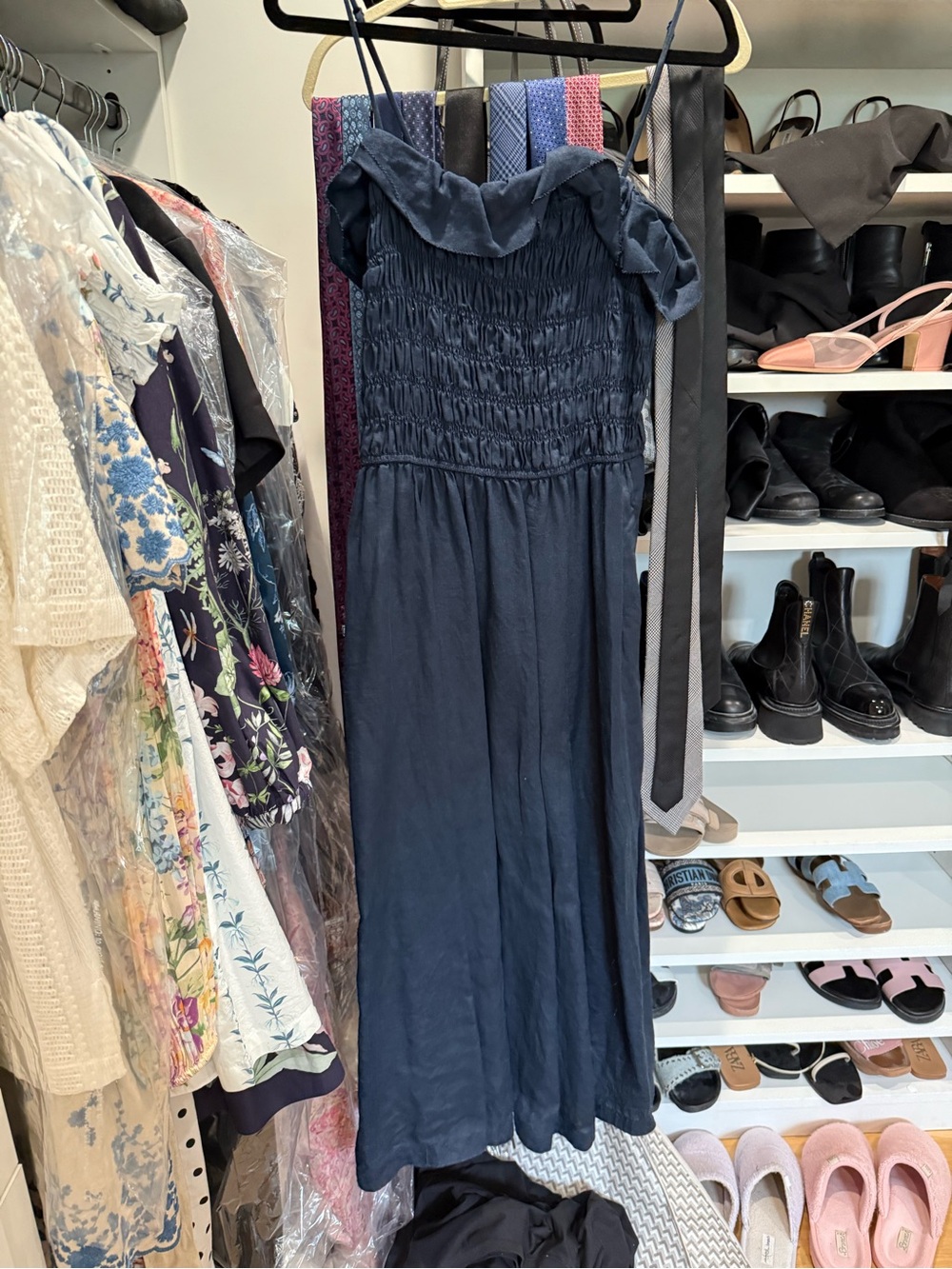 Aritzia Navy Blue Smocked Midi Dress